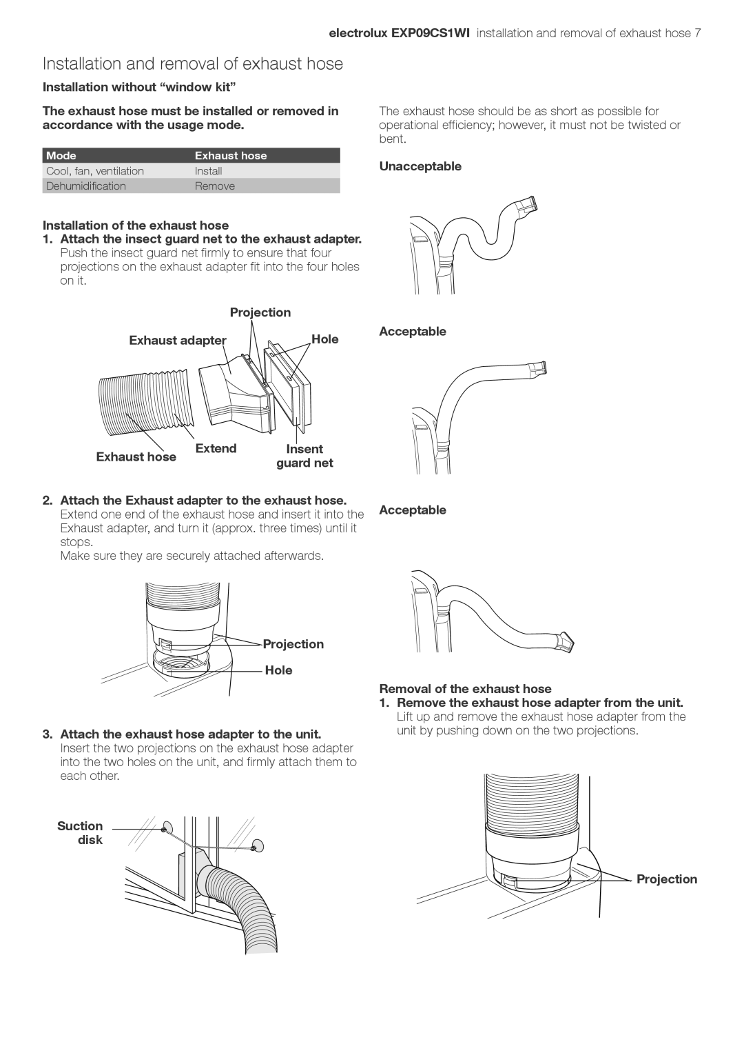 Electrolux LU4 9QQ Installation and removal of exhaust hose, Unacceptable, Attach the Exhaust adapter to the exhaust hose 