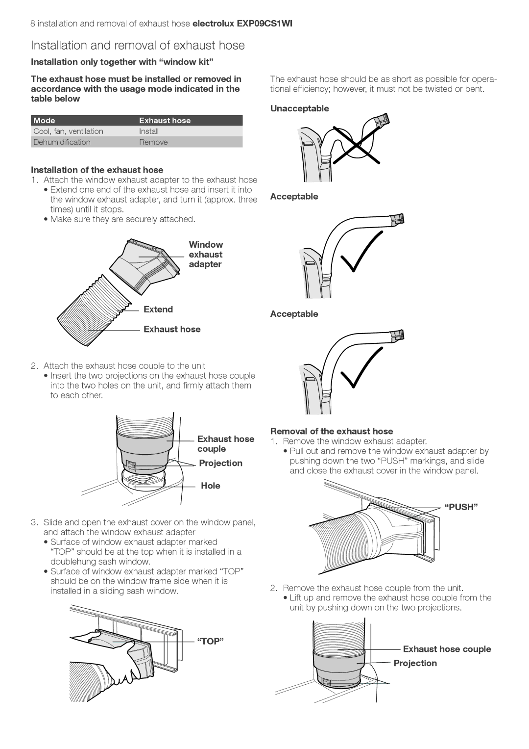 Electrolux LU4 9QQ user manual Installation of the exhaust hose, Window exhaust adapter Extend Exhaust hose 