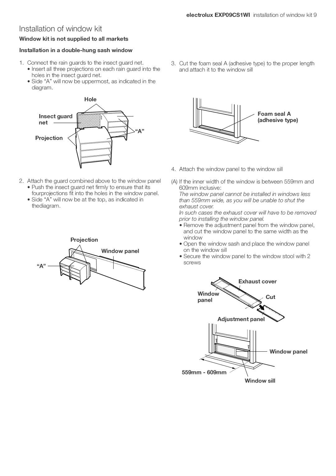 Electrolux LU4 9QQ user manual Installation of window kit, Hole Insect guard net Projection, Projection Window panel 