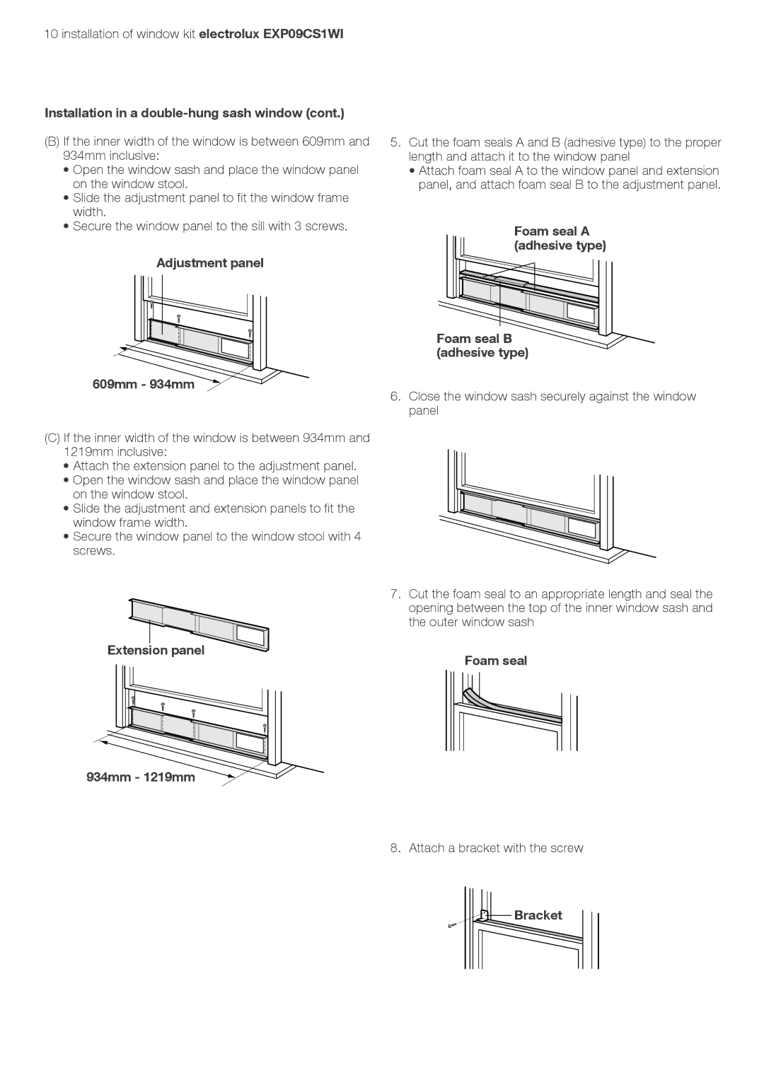 Electrolux LU4 9QQ user manual Adjustment panel 609mm 934mm, Extension panel 934mm 1219mm, Foam seal 