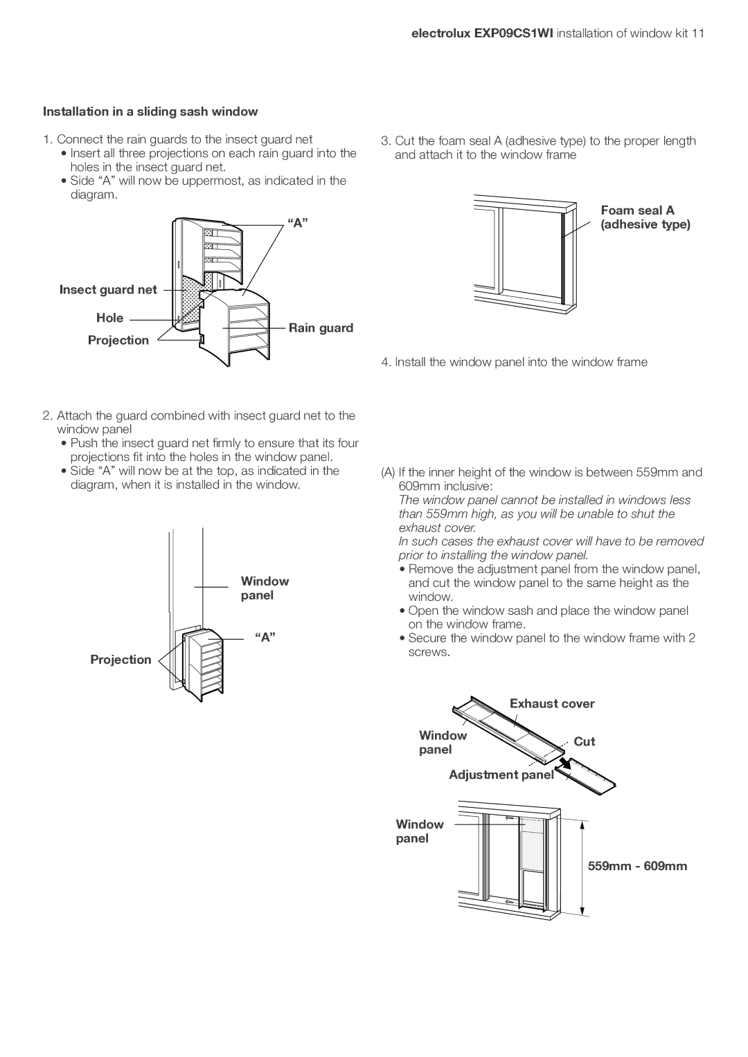 Electrolux LU4 9QQ user manual Installation in a sliding sash window, Insect guard net Hole 