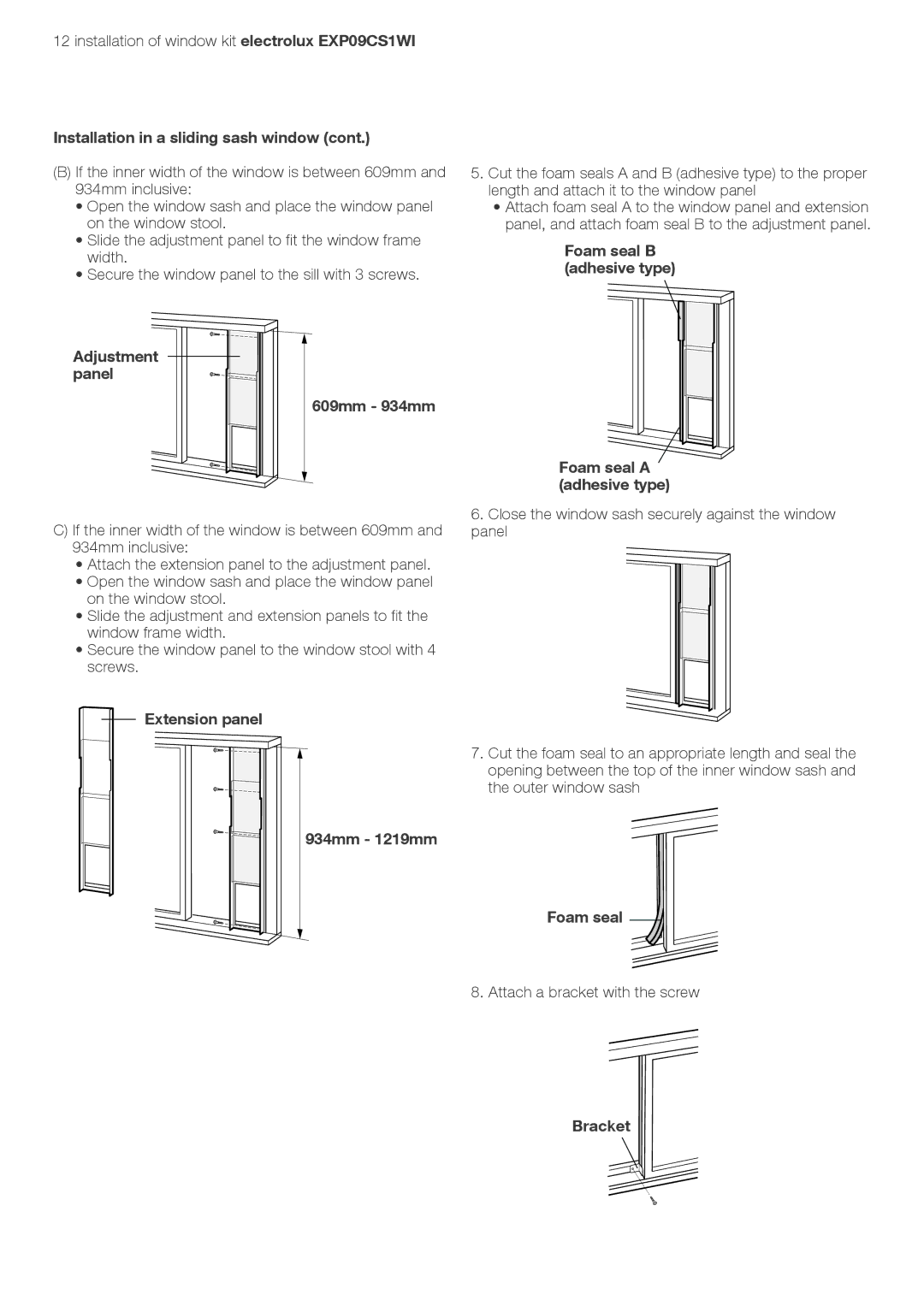 Electrolux LU4 9QQ user manual Foam seal B adhesive type Foam seal a adhesive type, Extension panel, 934mm 1219mm Foam seal 