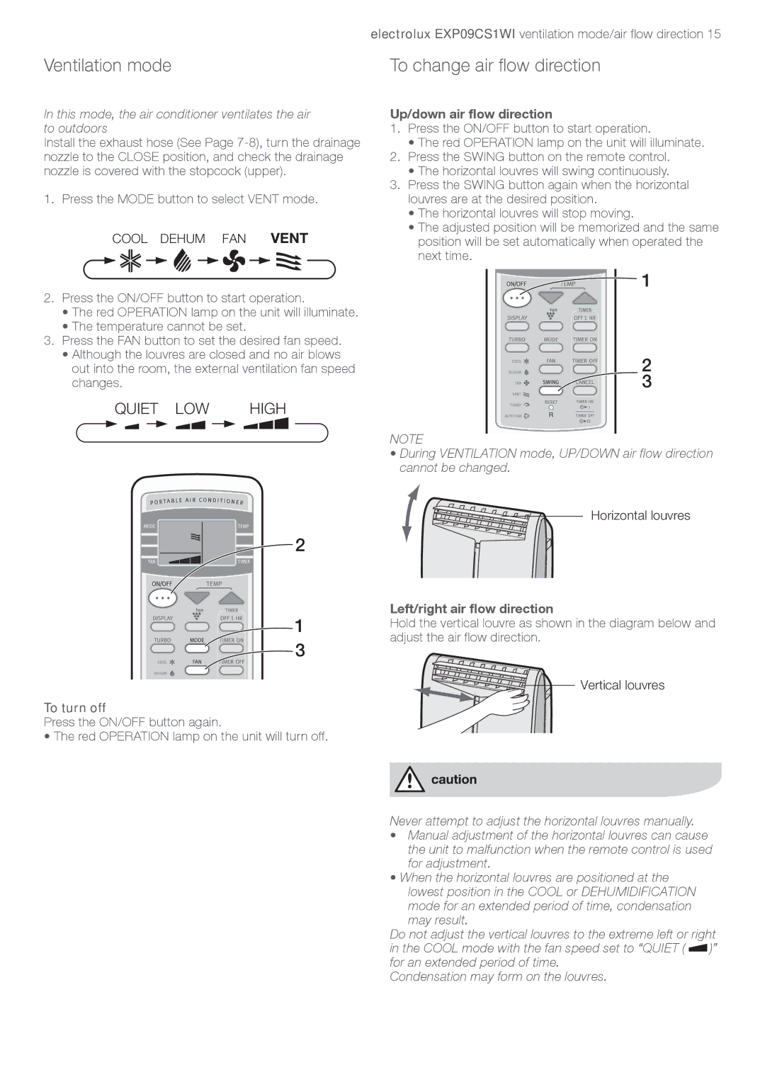 Electrolux LU4 9QQ user manual Ventilation mode, To change air flow direction 