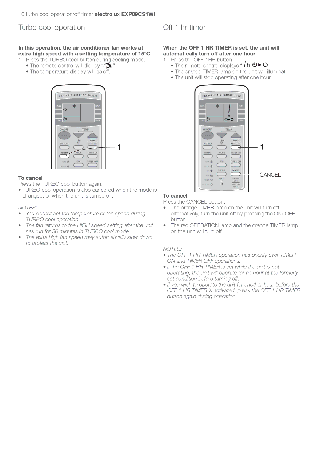 Electrolux LU4 9QQ user manual Turbo cool operation, Off 1 hr timer, To cancel 