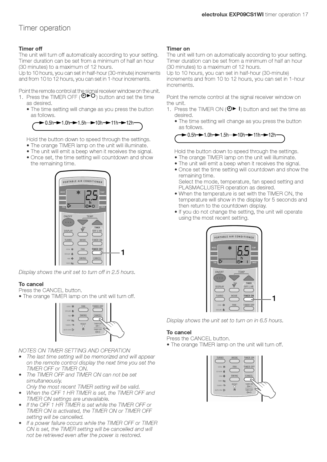 Electrolux LU4 9QQ user manual Timer operation, Timer off, Electrolux EXP09CS1WI timer operation Timer on 