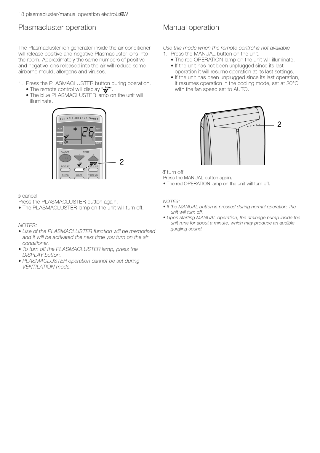 Electrolux LU4 9QQ user manual Plasmacluster operation, Manual operation 