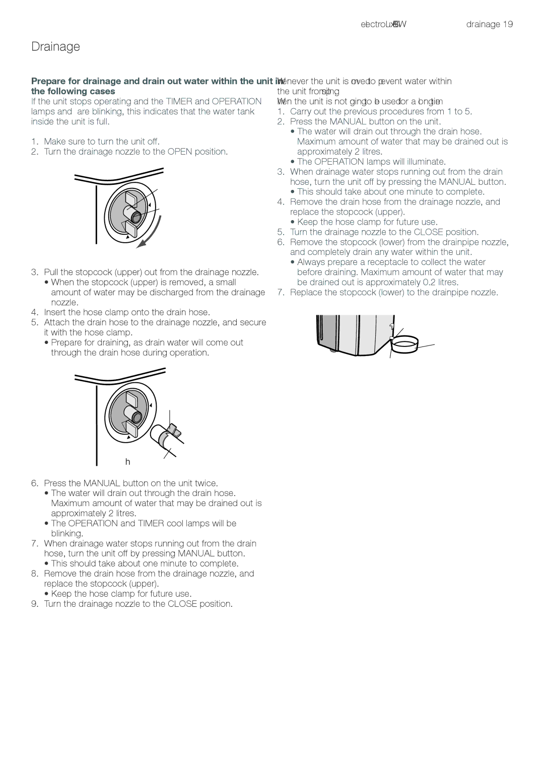 Electrolux LU4 9QQ user manual Drainage, Stopcock Receptacle not supplied Drainpipe nozzle 