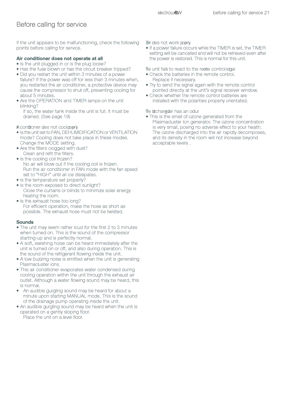 Electrolux LU4 9QQ user manual Before calling for service, Air conditioner does not cool properly 