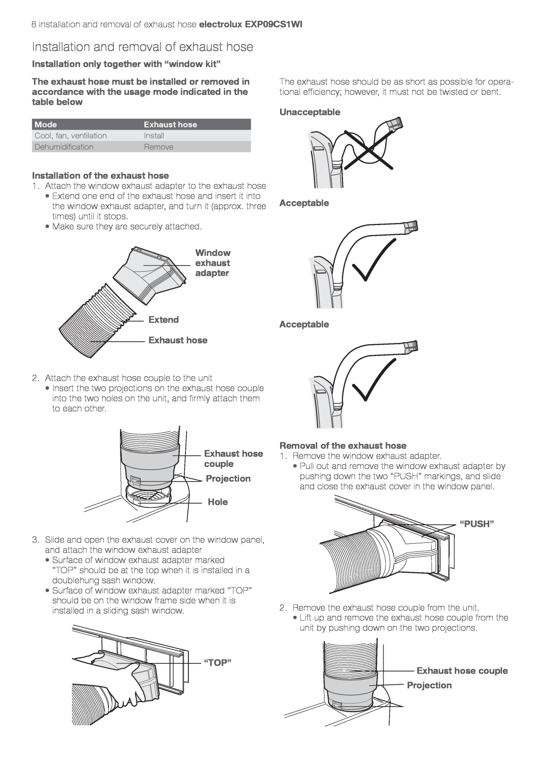 Electrolux LU4 9QQ user manual Installation and removal of exhaust hose, Installation only together with “window kit” 