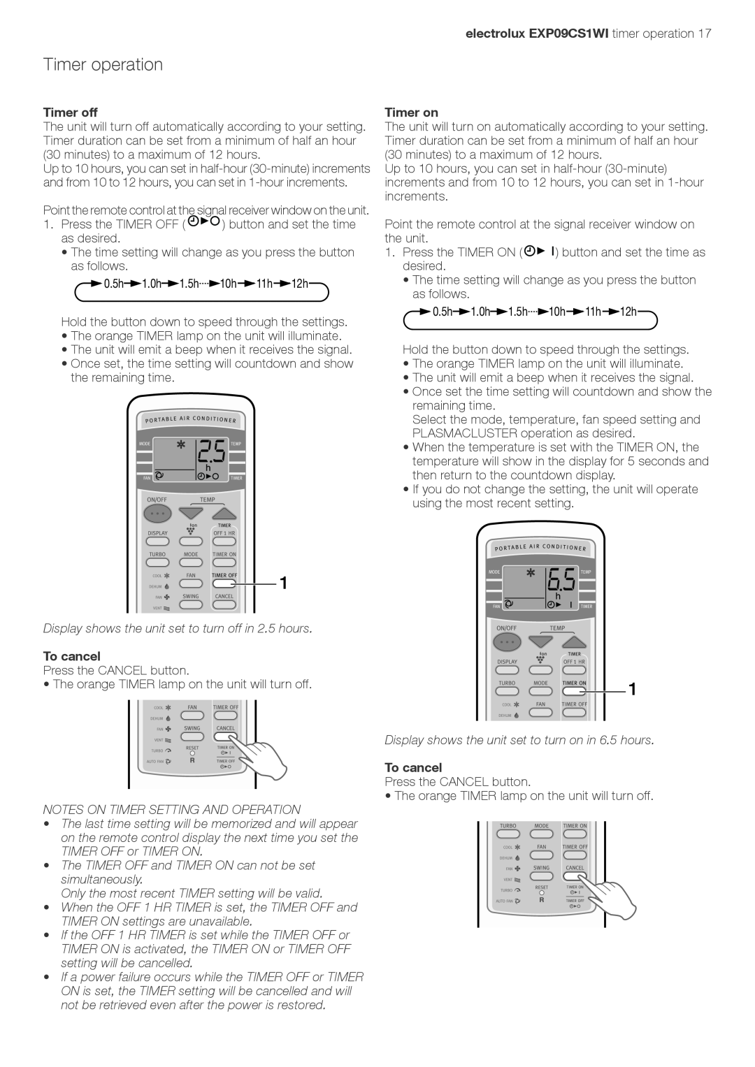 Electrolux LU4 9QQ user manual Timer operation, Timer off, electrolux EXP09CS1WI timer operation Timer on, To cancel 