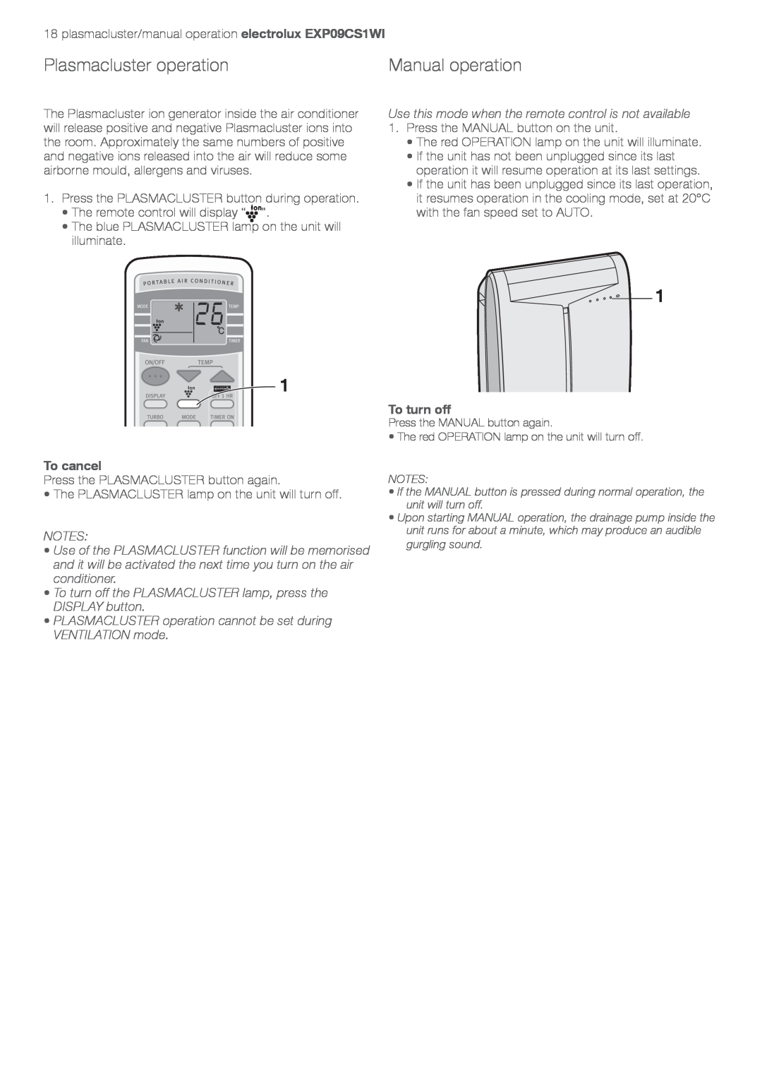 Electrolux LU4 9QQ user manual Plasmacluster operation, Manual operation 