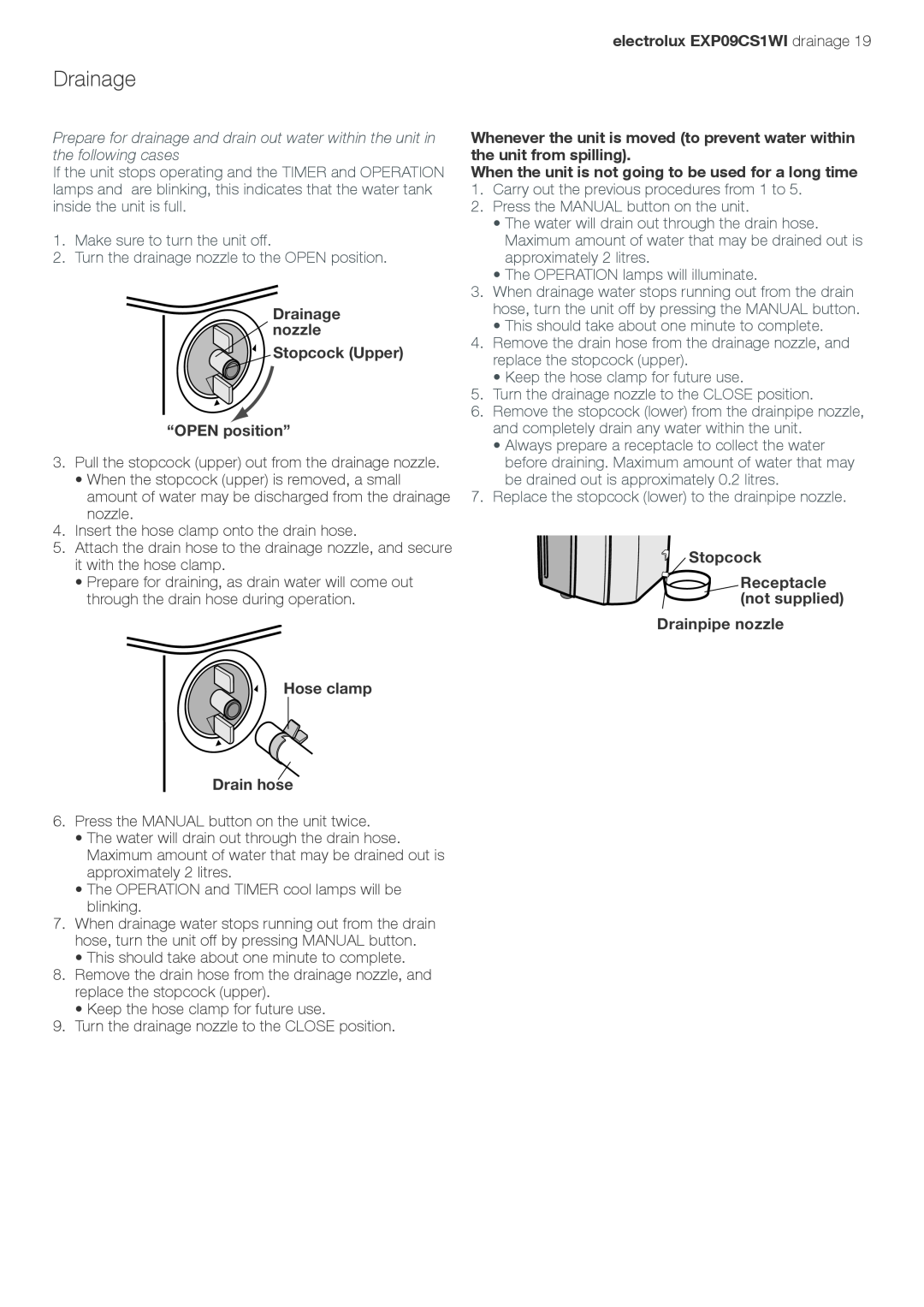 Electrolux LU4 9QQ user manual Drainage nozzle Stopcock Upper “OPEN position”, Hose clamp Drain hose 