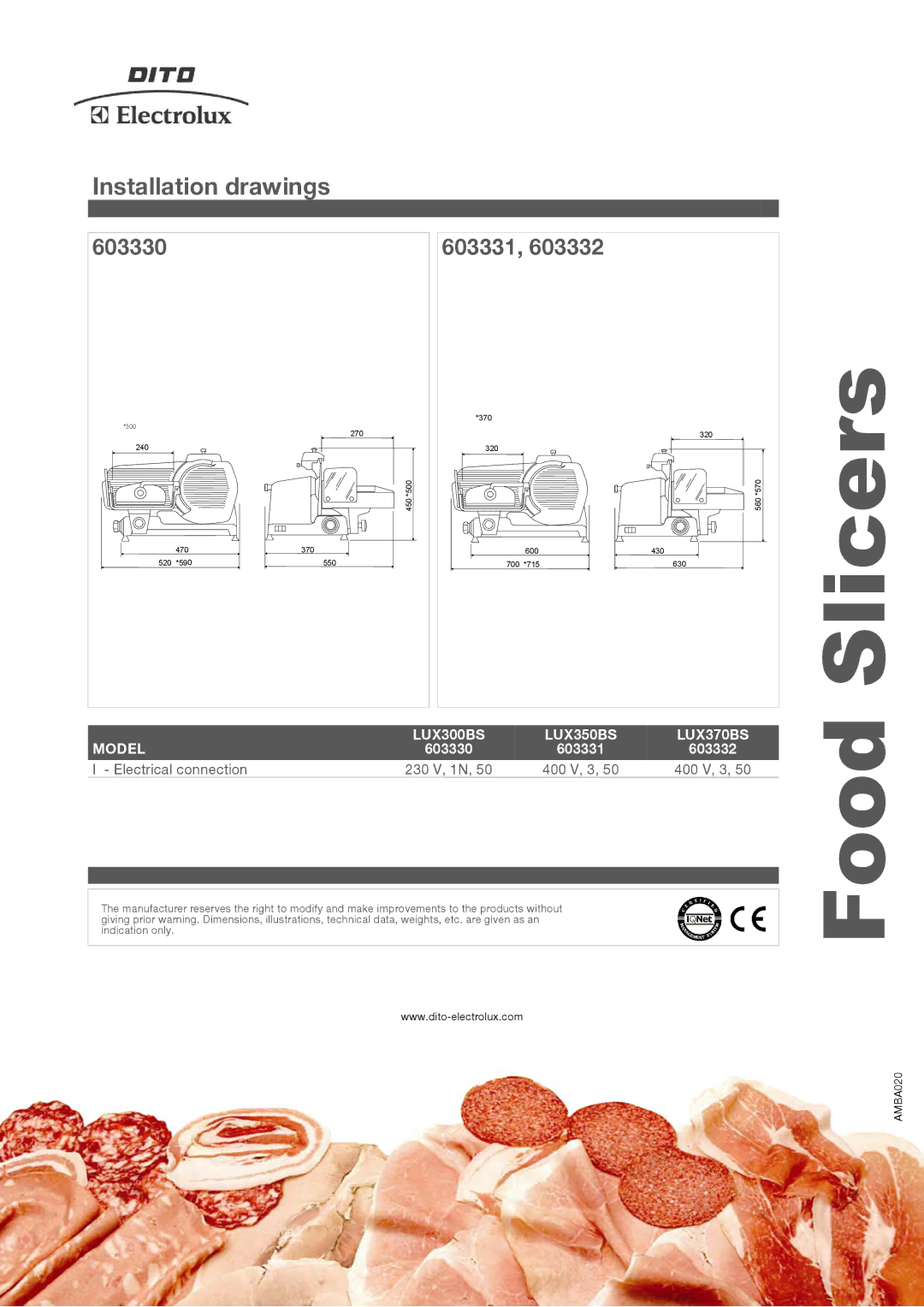 Electrolux LUX350BS, LUX370BS, LUX300BS manual Slicers, Installation drawings, Electrical connection 230 V, 1N, 400 V, 3 