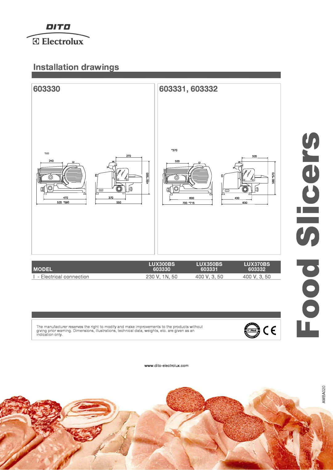 Electrolux LUX350BS, LUX370BS, LUX300BS manual Installation drawings, 603331, Slicers, 603330, Model 