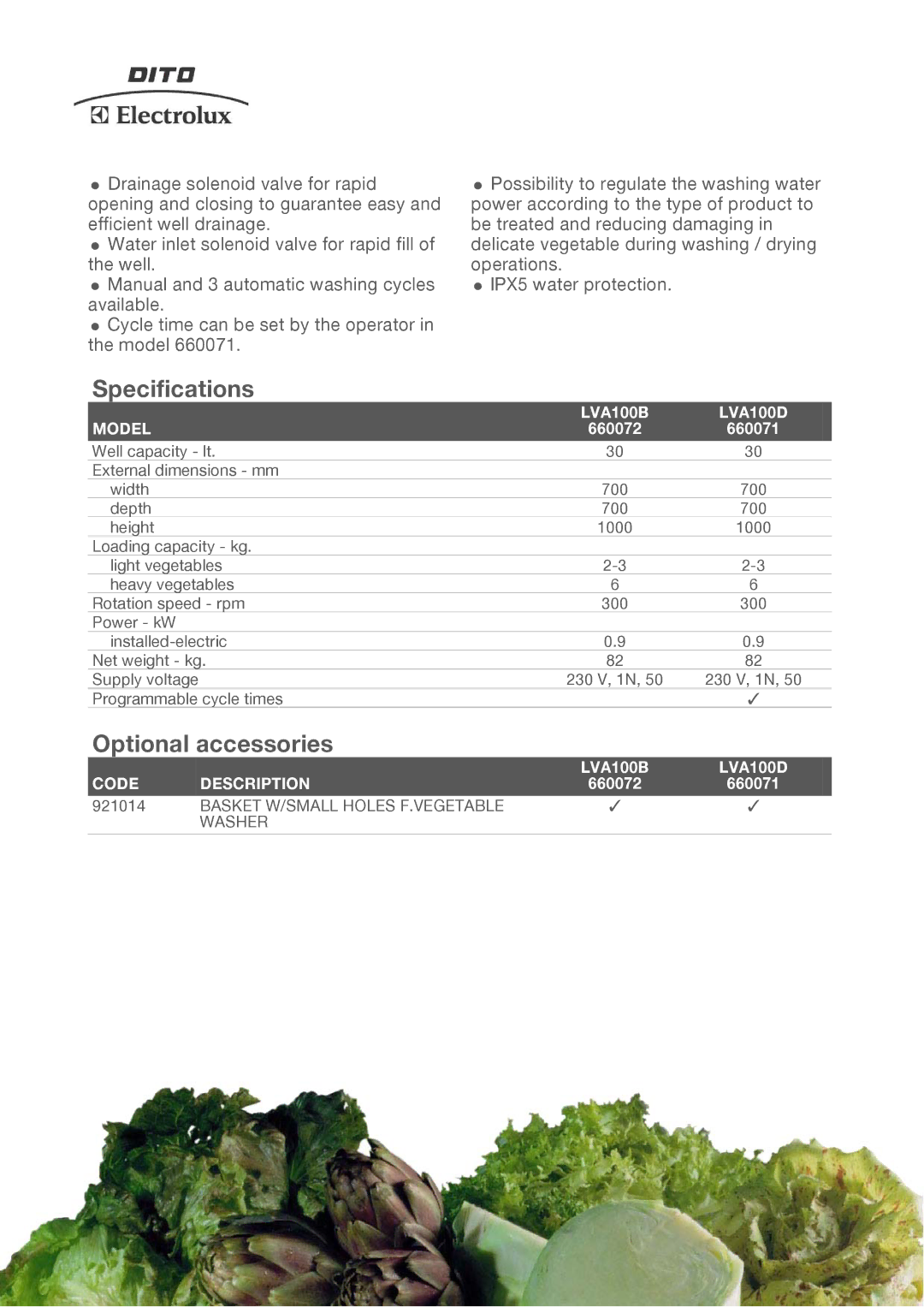 Electrolux 660071, LVA100D, 660072 manual Specifications, Optional accessories 