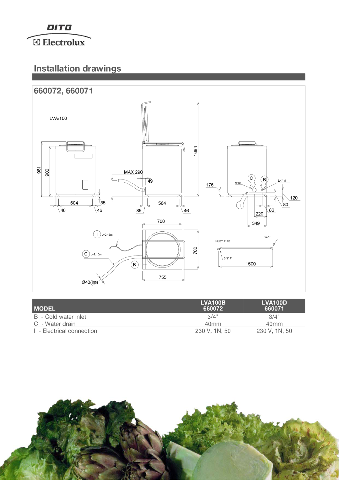 Electrolux 660072, LVA100D, 660071 manual Installation drawings 