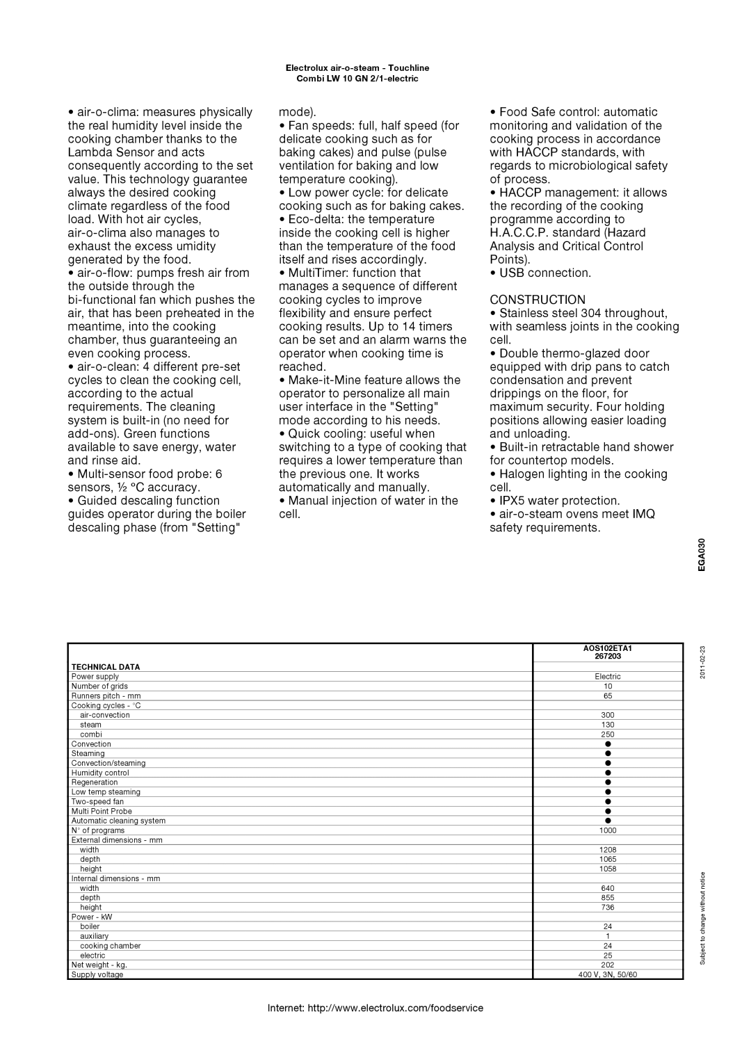 Electrolux LW 10 GN manual Construction, EGA030 