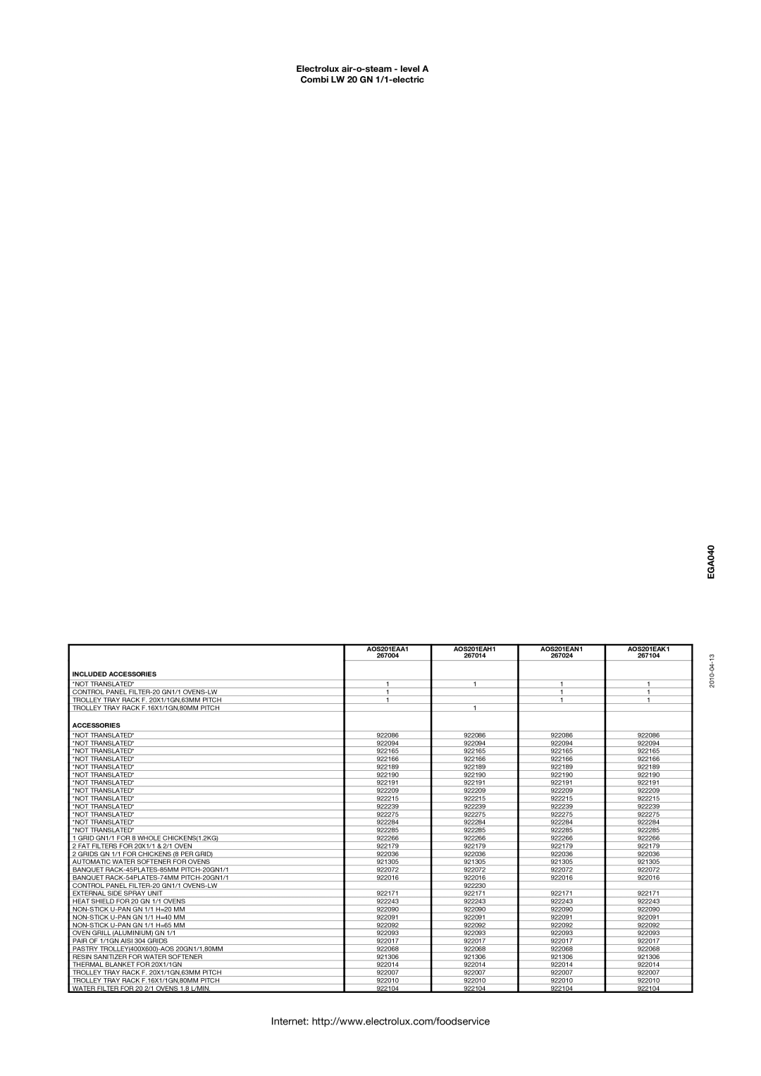 Electrolux LW 20 GN 1/1-ELECTRIC manual AOS201EAA1 AOS201EAH1 AOS201EAN1 AOS201EAK1 