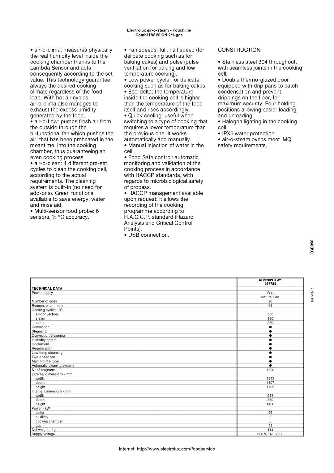 Electrolux LW 20 GN 2/1-GAS manual Construction, EGB050 