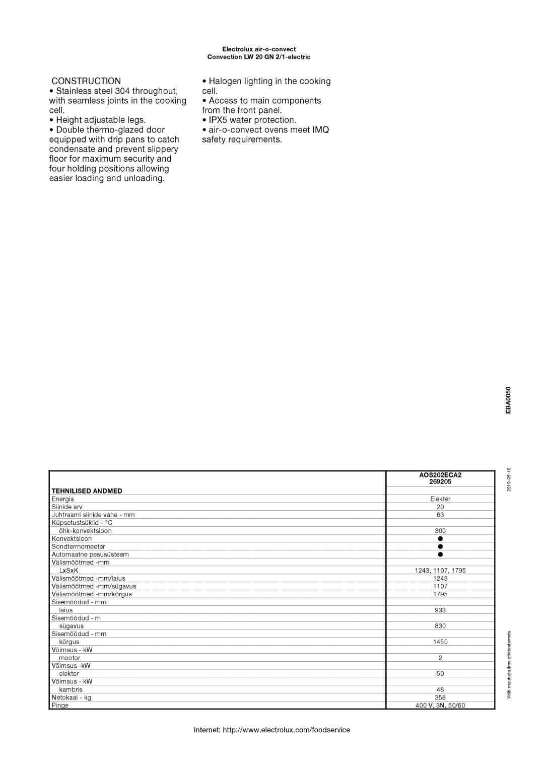 Electrolux LW 20 GN manual Construction, Tehnilised Andmed 