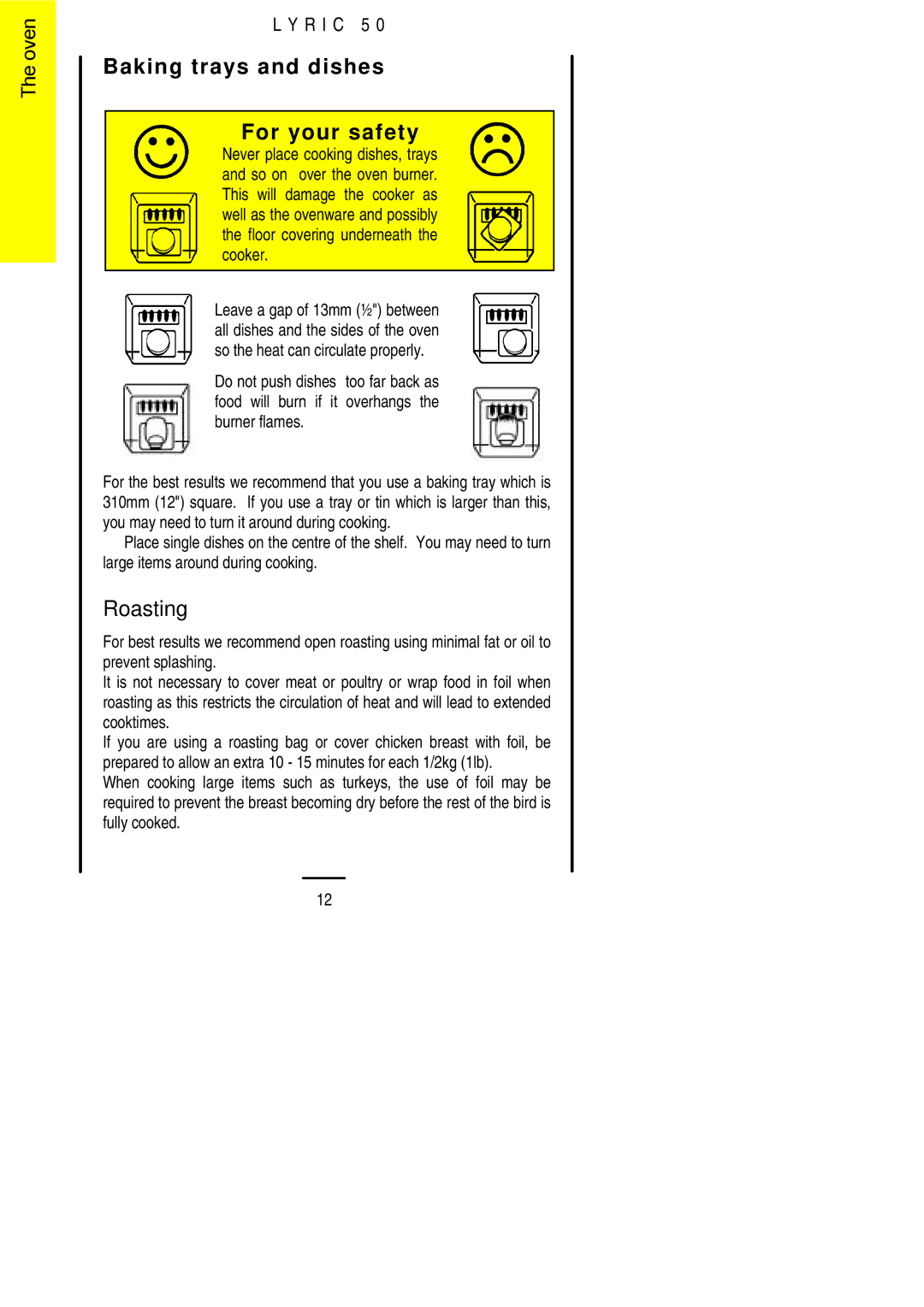 Electrolux Lynic 50 installation instructions Baking trays and dishes For your safety, Roasting 