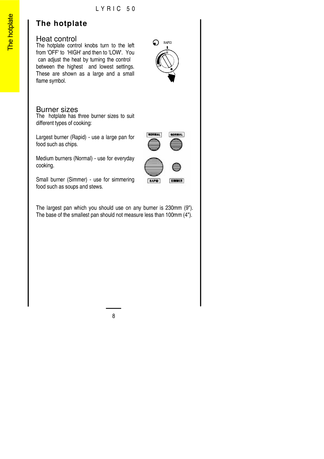 Electrolux Lynic 50 installation instructions Hotplate, Burner sizes 