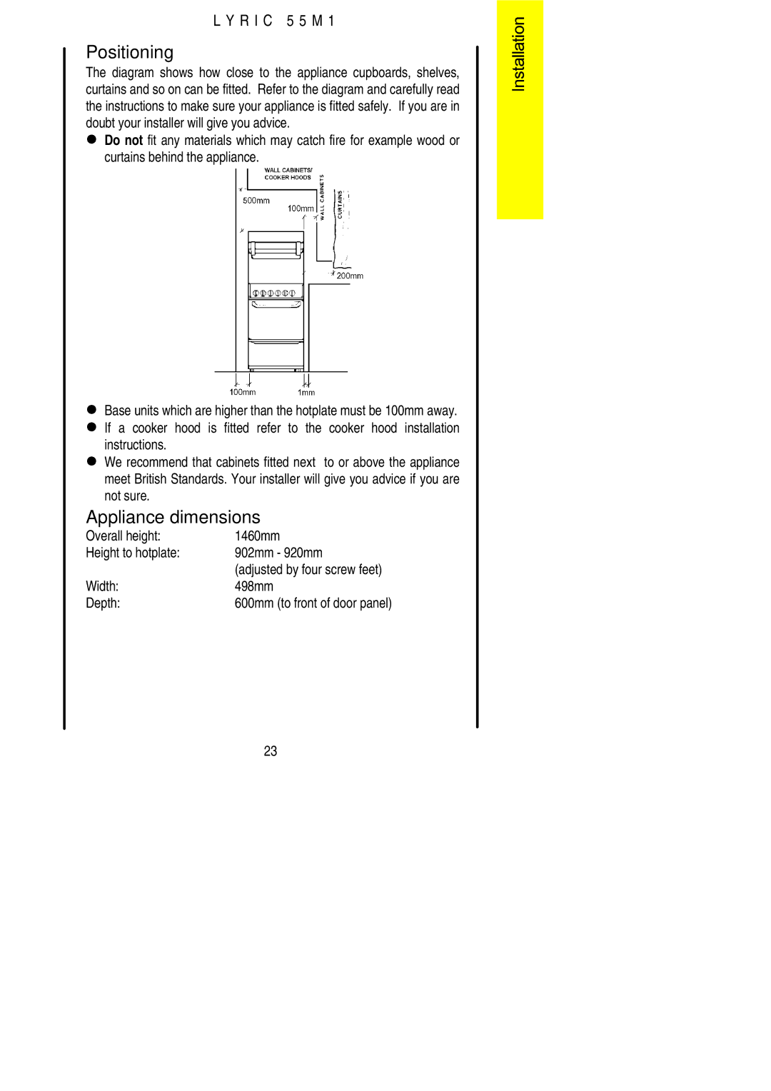 Electrolux LYRIC 55M1 Positioning, Appliance dimensions, Overall height 1460mm Height to hotplate 902mm 920mm 