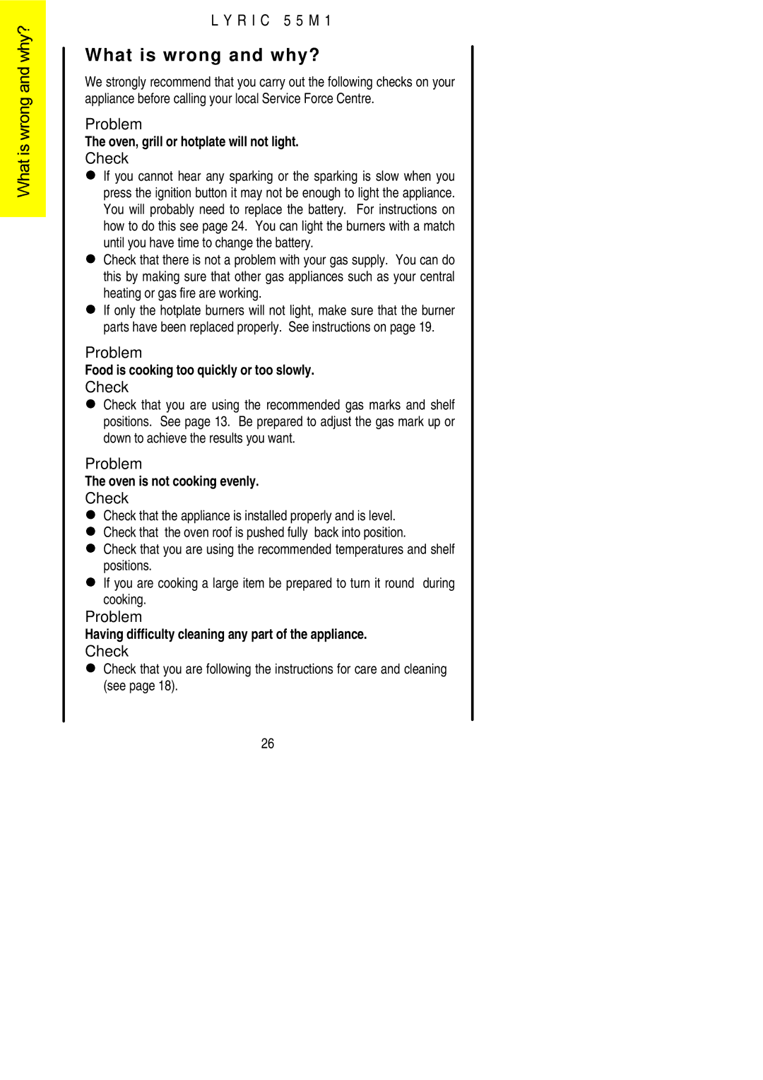 Electrolux LYRIC 55M1 installation instructions What is wrong and why?, Problem, LCheck 