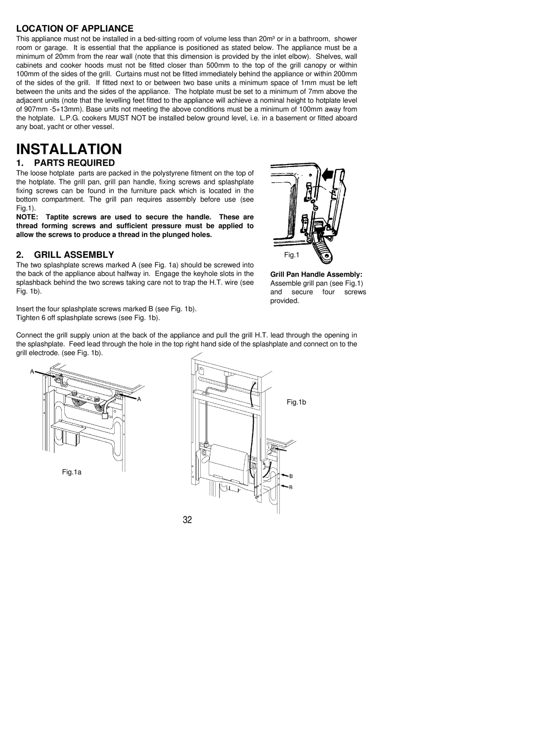 Electrolux LYRIC 55M1 installation instructions Location of Appliance, Parts Required, Grill Assembly 