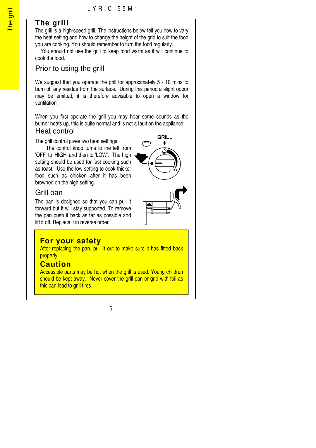 Electrolux LYRIC 55M1 Prior to using the grill, Heat control, Grill pan, Grill control gives two heat settings 