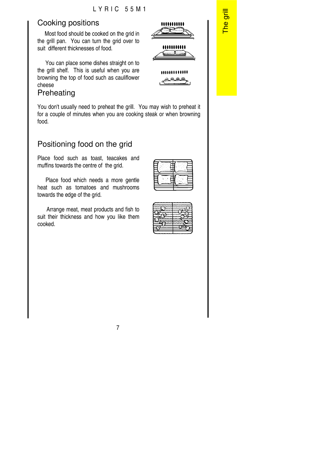 Electrolux LYRIC 55M1 installation instructions Cooking positions, Preheating, Positioning food on the grid 