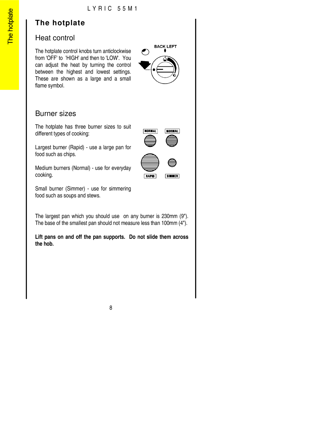 Electrolux LYRIC 55M1 installation instructions Hotplate, Burner sizes 