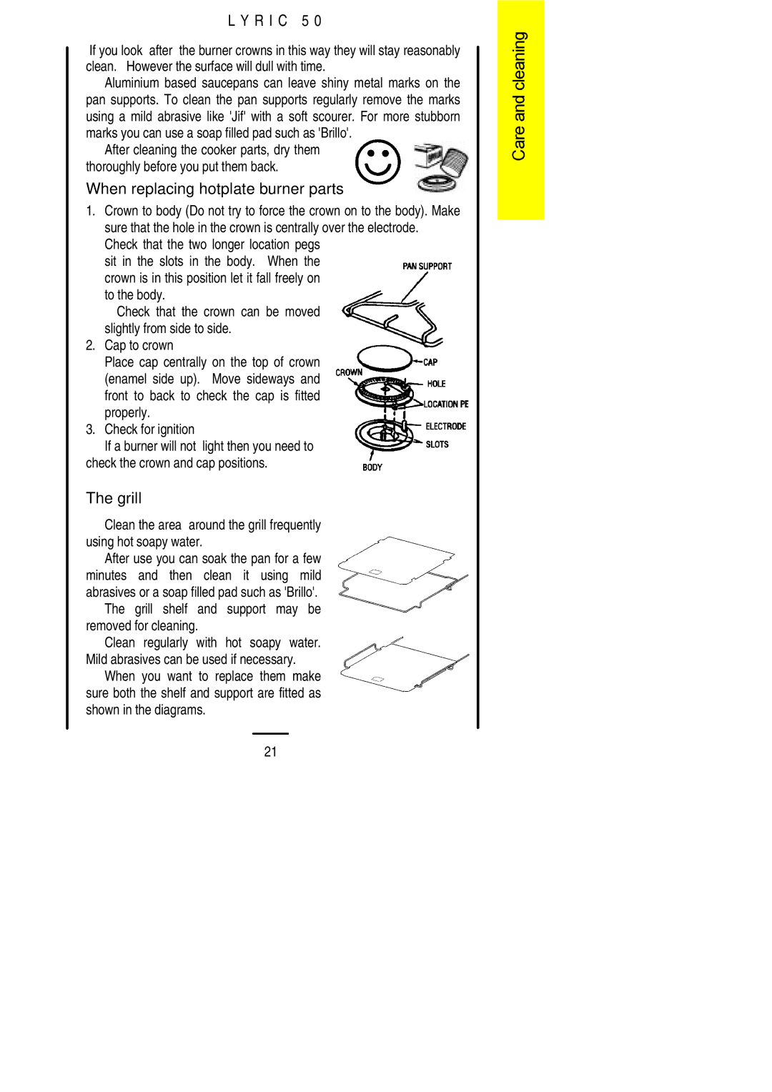 Electrolux LYRIC50 When replacing hotplate burner parts, Grill shelf and support may be removed for cleaning 