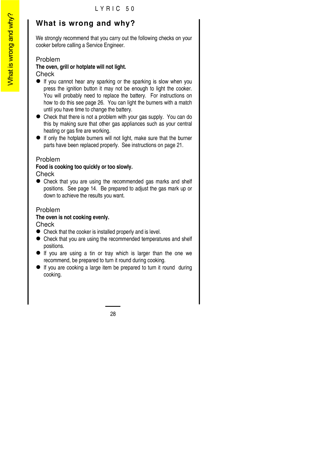 Electrolux LYRIC50 installation instructions What is wrong and why?, Problem, LCheck 