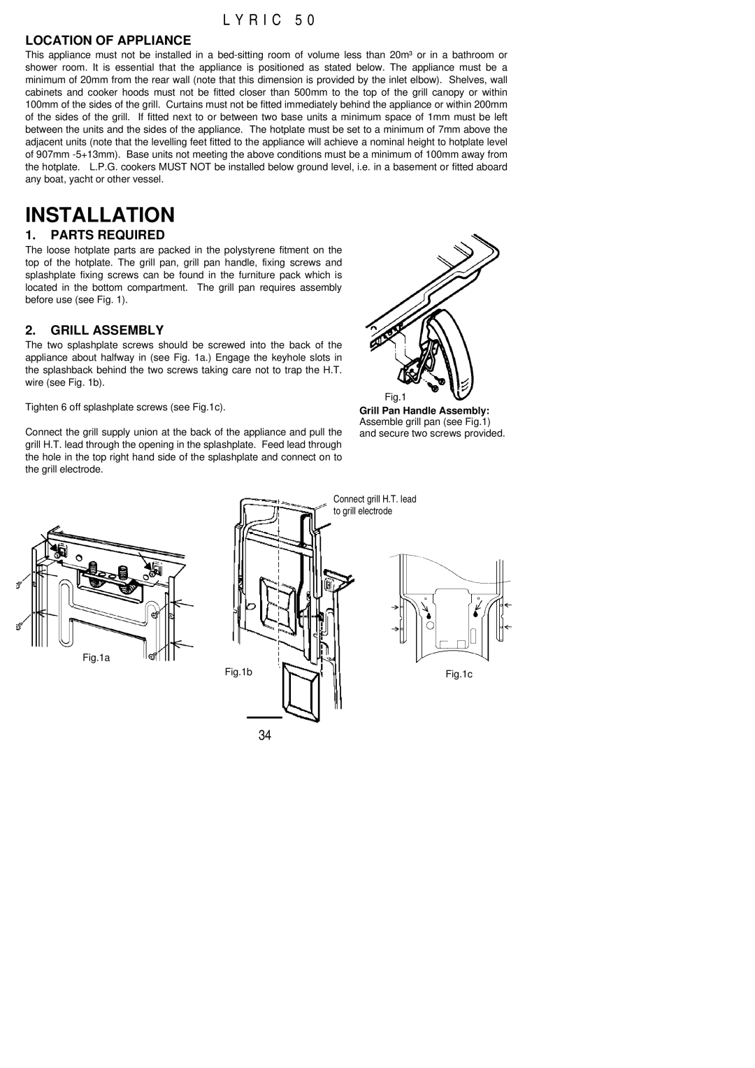 Electrolux LYRIC50 installation instructions Location of Appliance, Parts Required, Grill Assembly 