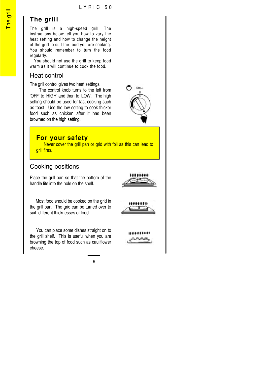 Electrolux LYRIC50 installation instructions Heat control, Cooking positions, Grill control gives two heat settings 