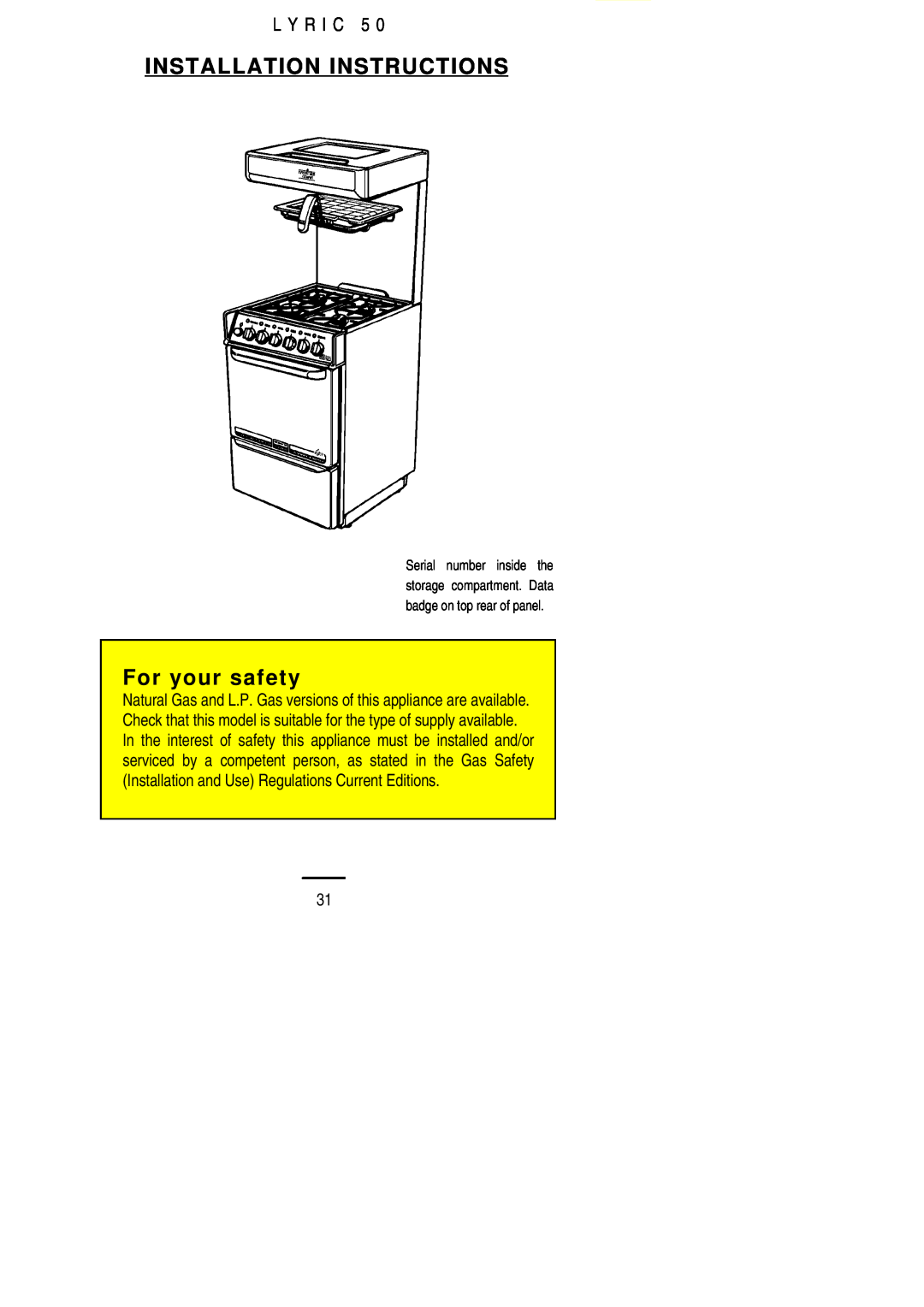 Electrolux LYRIC50 installation instructions Installation Instructions, For your safety, L Y R I C 