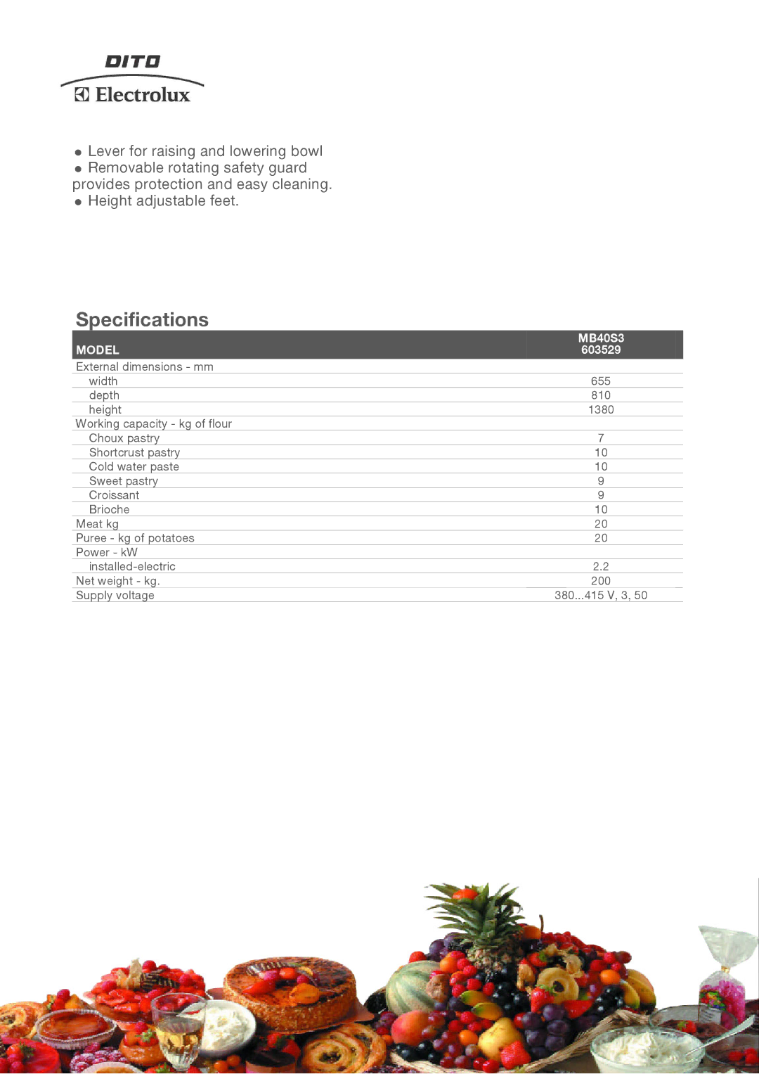 Electrolux MB40S3, 603529 manual Specifications, Model 