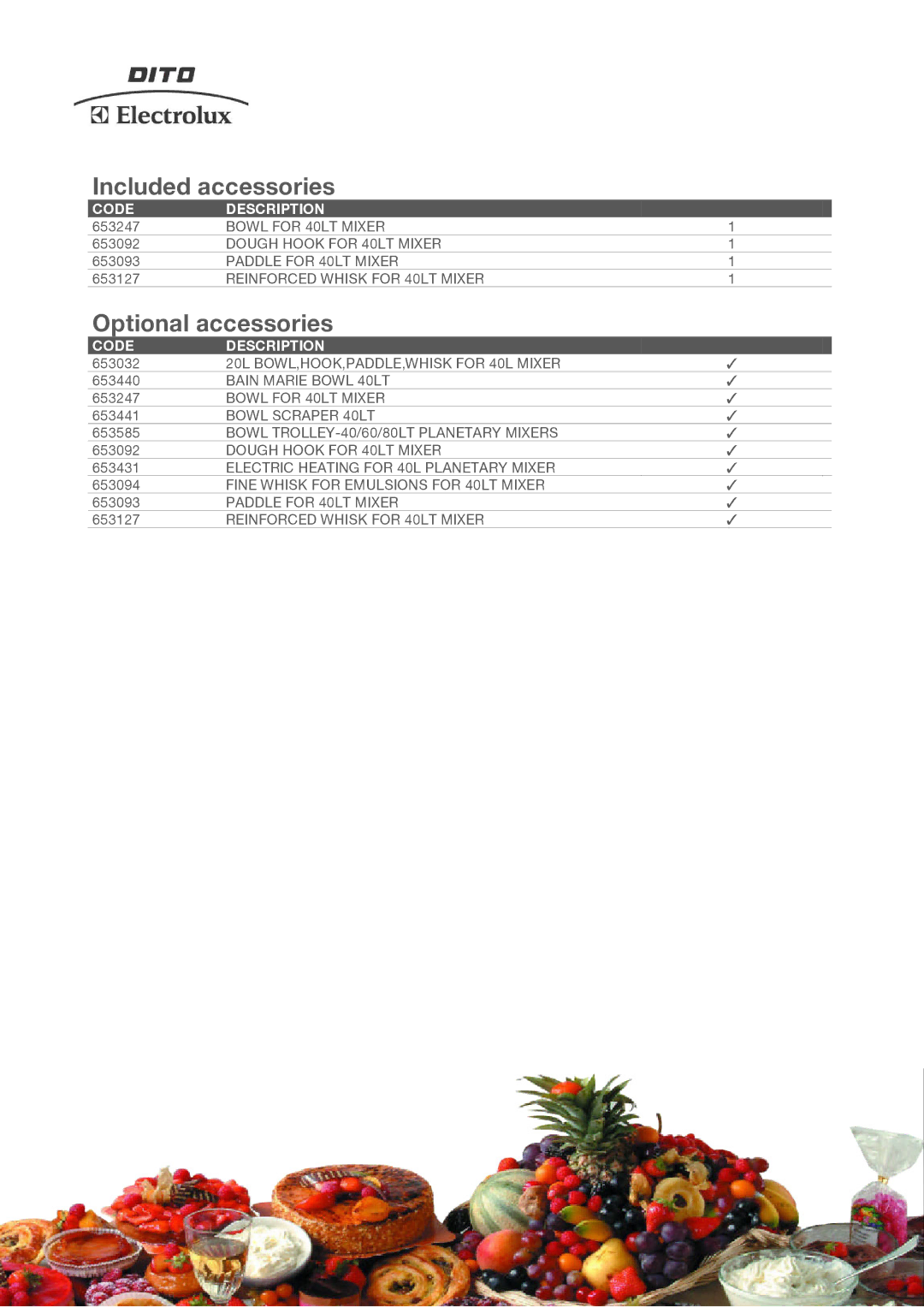 Electrolux 603529, MB40S3 manual Included accessories, Optional accessories, Code Description 