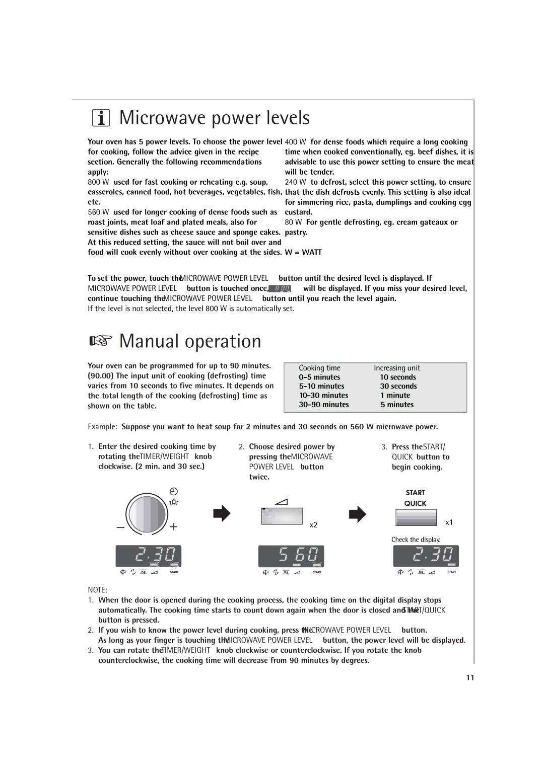 Electrolux MC1751E, MC1761E manual Microwave power levels, Manual operation, Cooking time Increasing unit 