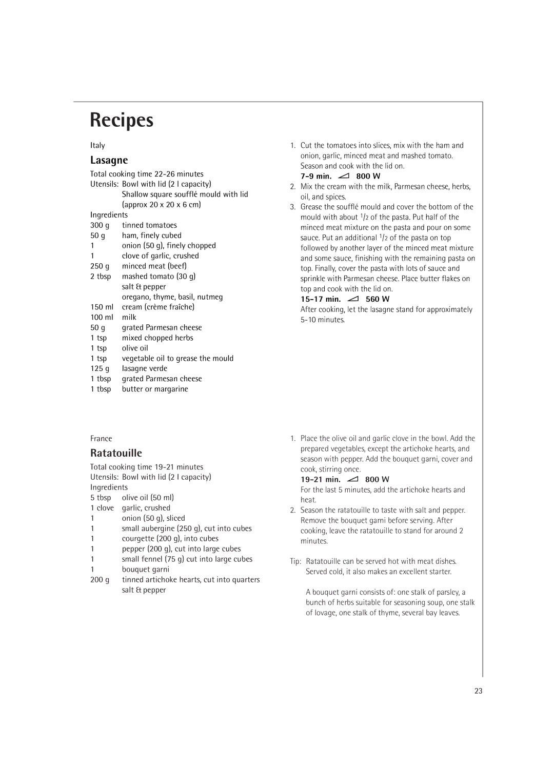 Electrolux MC1751E, MC1761E manual Lasagne, Ratatouille 