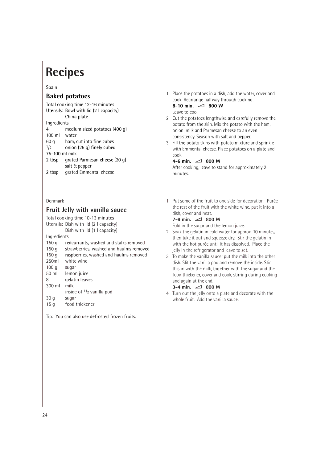 Electrolux MC1761E, MC1751E manual Baked potatoes, Fruit Jelly with vanilla sauce, Min W Leave to cool 