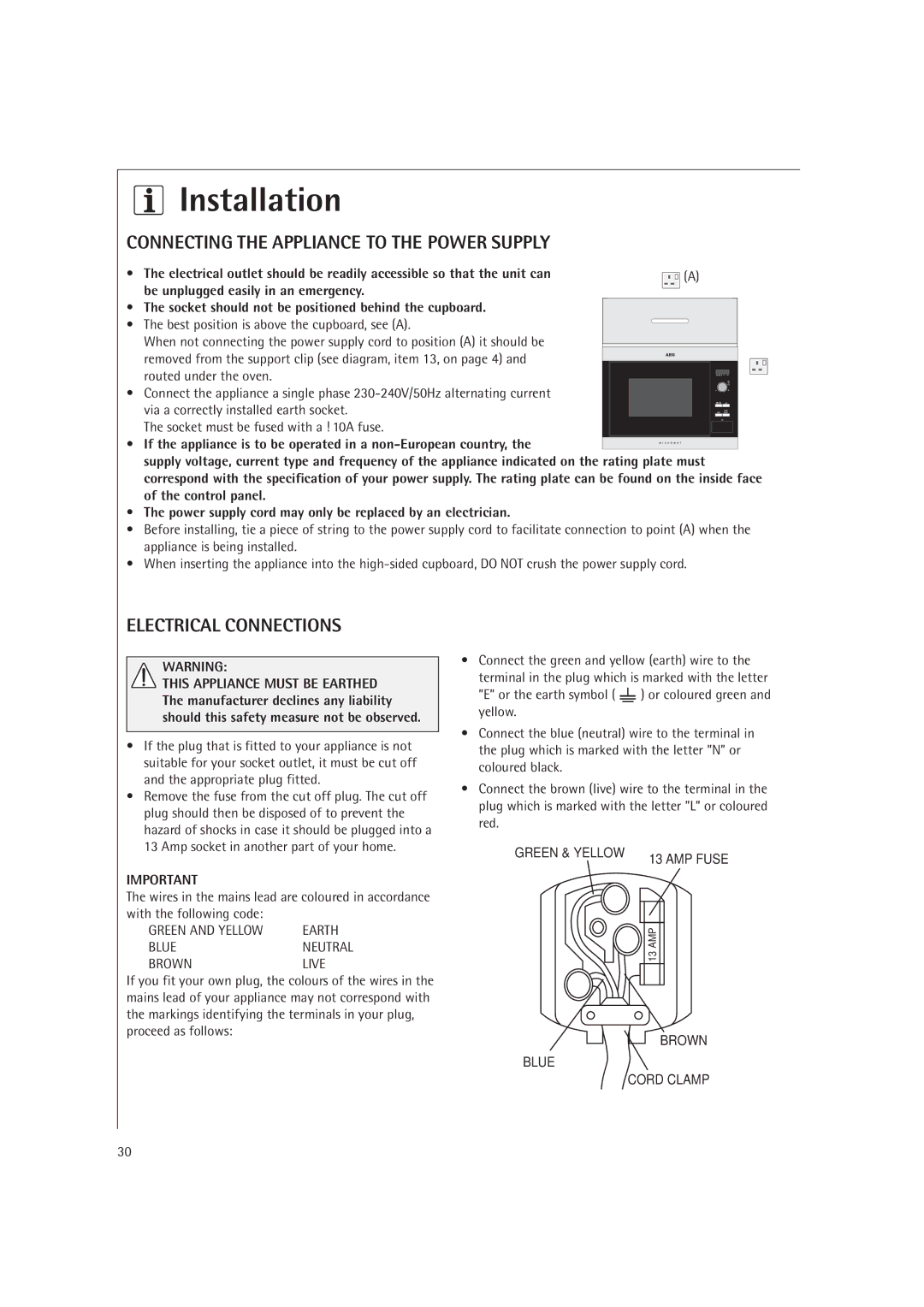 Electrolux MC1761E, MC1751E manual Connecting the Appliance to the Power Supply 