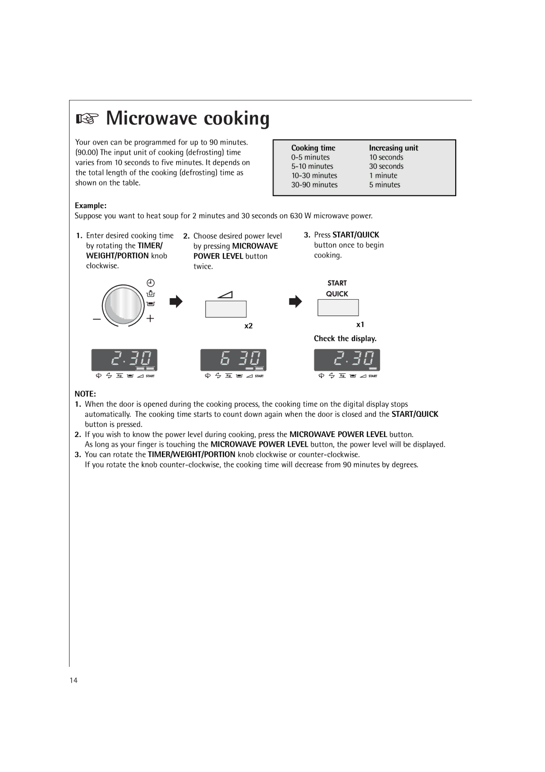 Electrolux MC2660E manual Example Cooking time Increasing unit, Check the display 