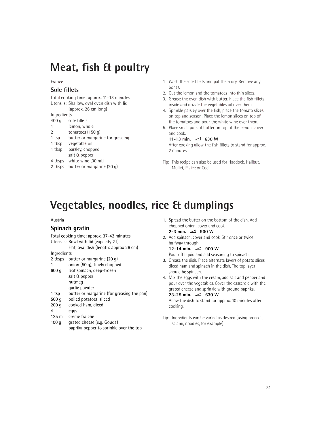 Electrolux MC2660E manual Vegetables, noodles, rice & dumplings, Sole fillets, Spinach gratin, France 