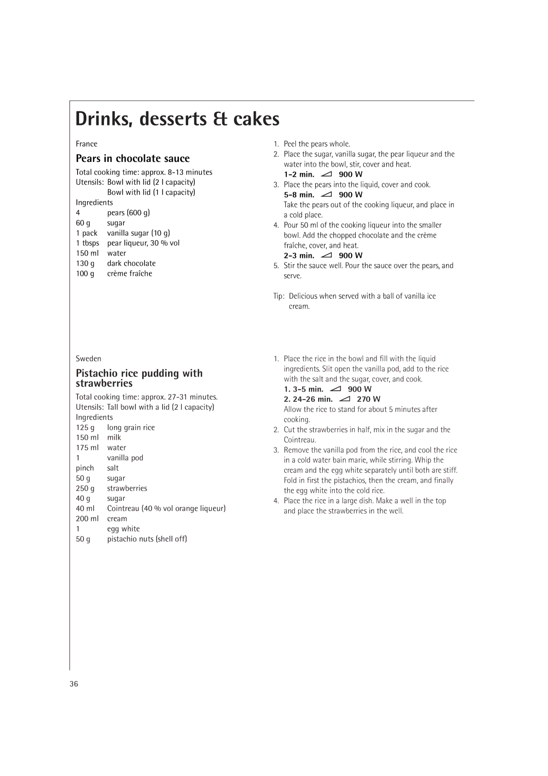 Electrolux MC2660E manual Pears in chocolate sauce, Pistachio rice pudding with strawberries, Sweden 
