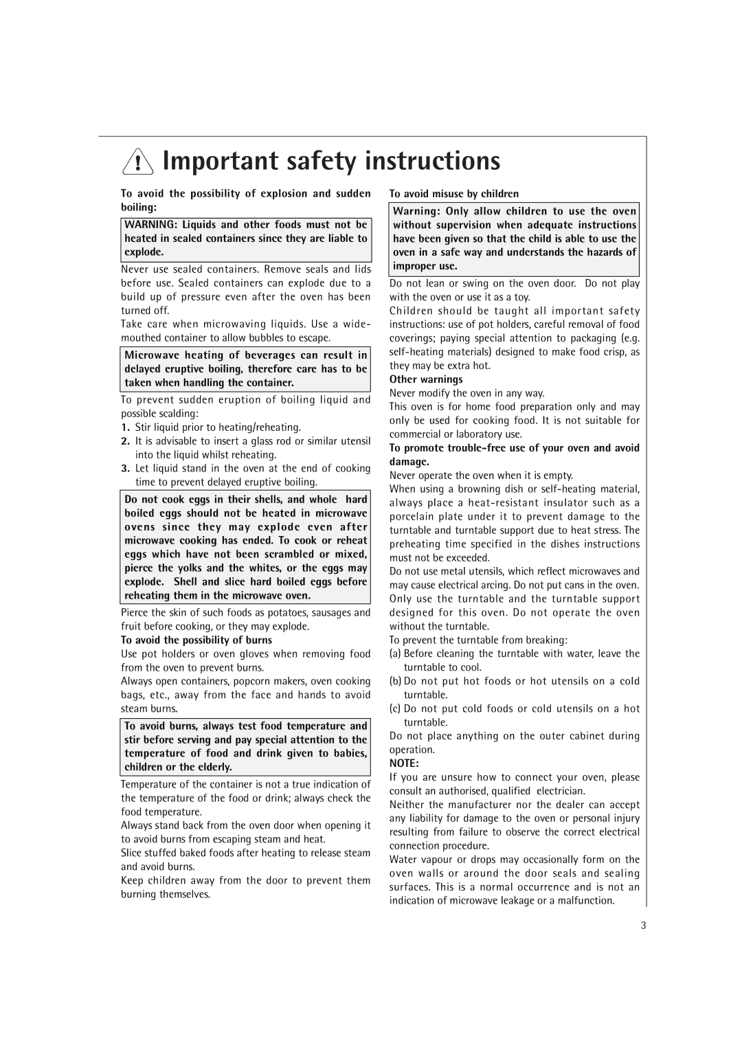 Electrolux MC2660E manual To avoid the possibility of explosion and sudden boiling, To avoid the possibility of burns 