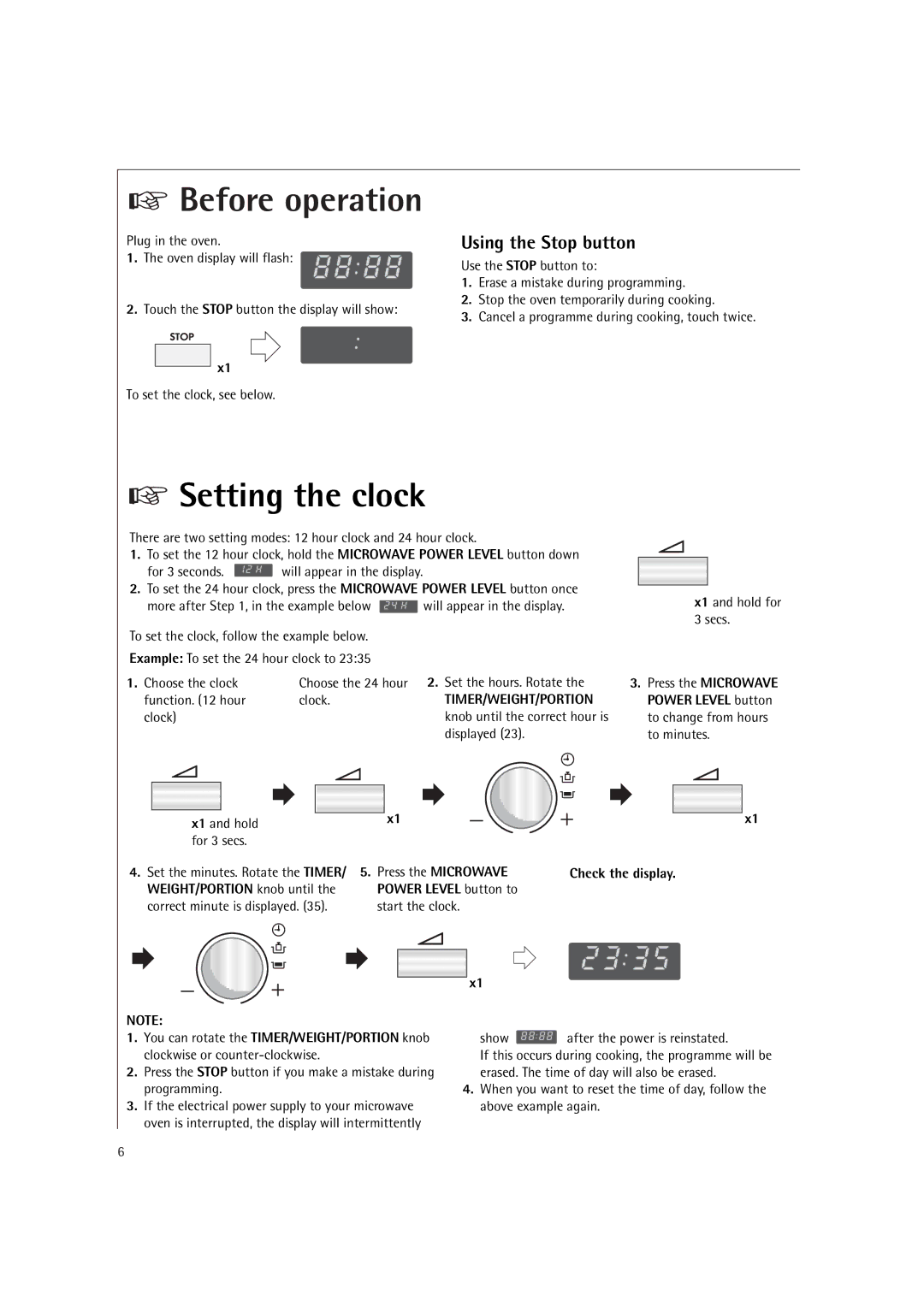 Electrolux MC2660E manual Before operation, Using the Stop button, Timer/Weight/Portion, Press the Microwave 