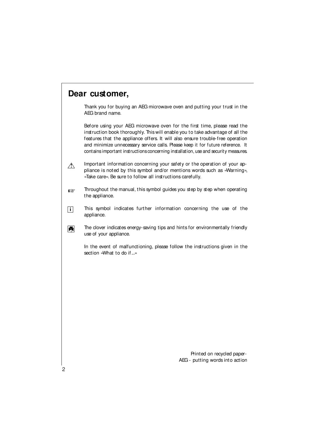 Electrolux MCC 663 instruction manual Dear customer 