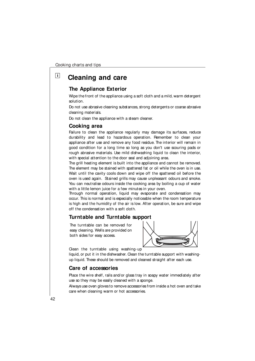 Electrolux MCC 663 instruction manual Cleaning and care, Appliance Exterior, Cooking area, Turntable and Turntable support 